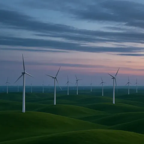 Dozens of Distant Wind Turbines Stand Sentinel