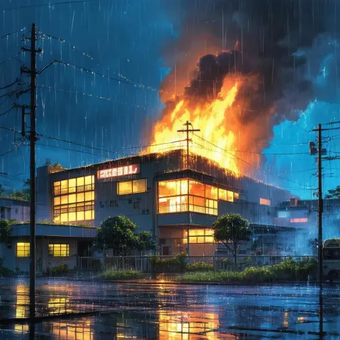 Hospital Ablaze on a Rainy Anime Night