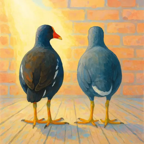 Two European Gallinules Stand on Weathered Wooden Floors