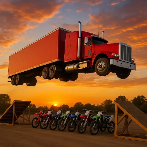 Bold Red Semi-truck with a Stylish Trailer Is Depicted Soaring