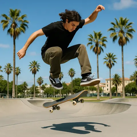 Skateboarder Performs a Trick Mid-air in a Sunny Outdoor Skate