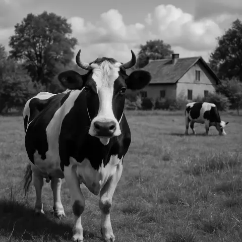 Black and White Cow Stands in a Grassy Field