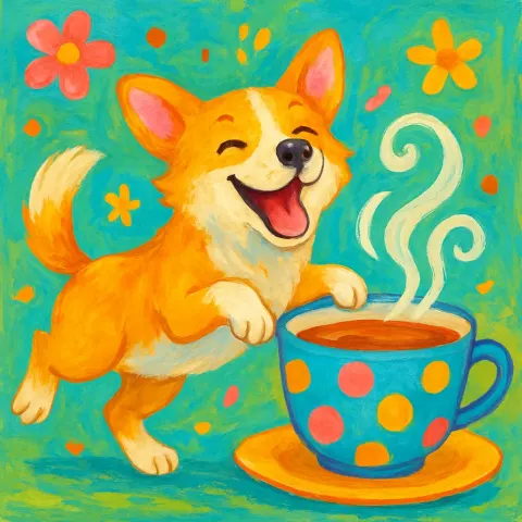 Lively Depiction of a Cheerful Dog Alongside a Teacup