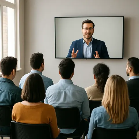 Audience Watches a Speaker's Live Presentation Shown on a Digital