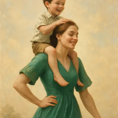 Joyful Young Boy Perches on the Shoulders of a Woman
