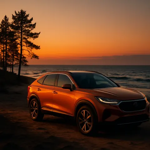 Elegant Orange SUV with a Sleek Profile Is Stationed