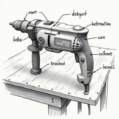 Labeled Power Drill in Precise Scientific Linework