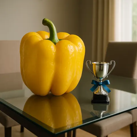Compose a Dining Room Scene Highlighting an Oversized Yellow Bell