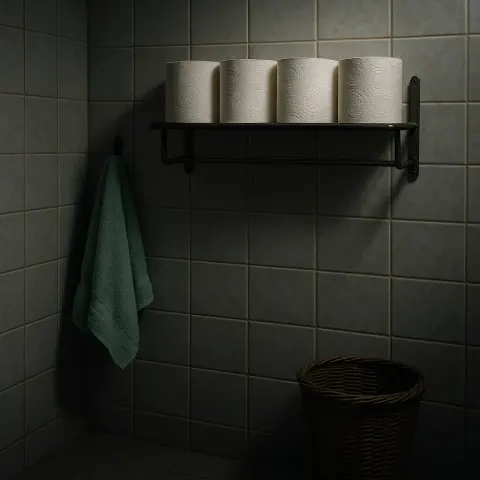 Wall-mounted Metal Rack Holds Four Neatly Arranged Rolls of Toilet