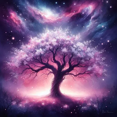 Mystical Tree Under Cosmic Starry Sky