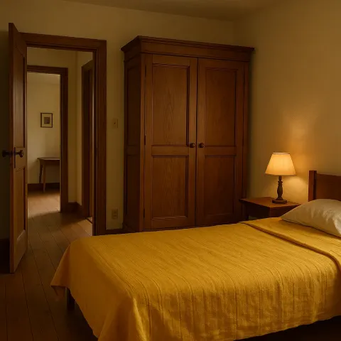 Cozy Bedroom with a Wooden Wardrobe