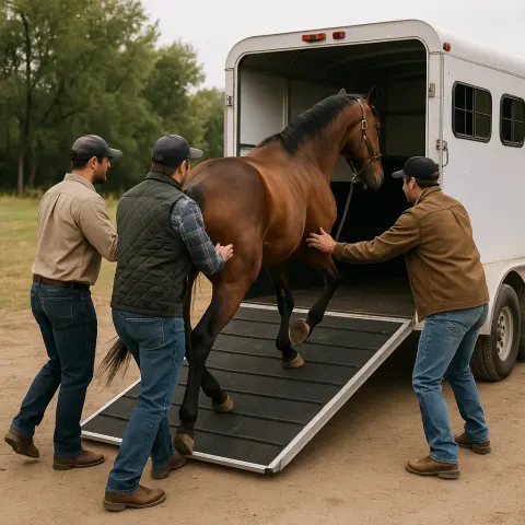 Three Individuals Are Leading a Horse Up an Incline