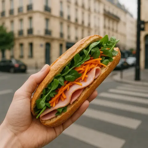 Hand Holding a Baguette Sandwich Filled with Ham