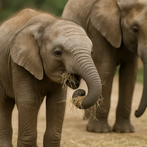 Young Elephant Eating Hay with its Trunk