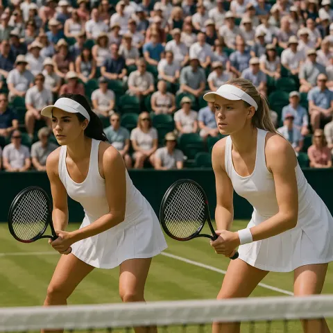 Two Female Tennis Players in White Outfits Preparing to Receive
