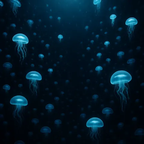 Innumerable Glowing Jellyfish Drift in a Vast