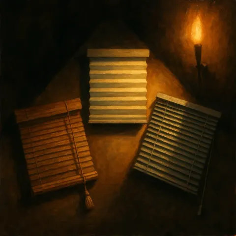 Three Distinct Window Shades Rest Within Torch-lit Chambers