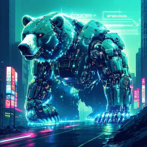 Neon Giant Bear Hauling a Massive Cannon