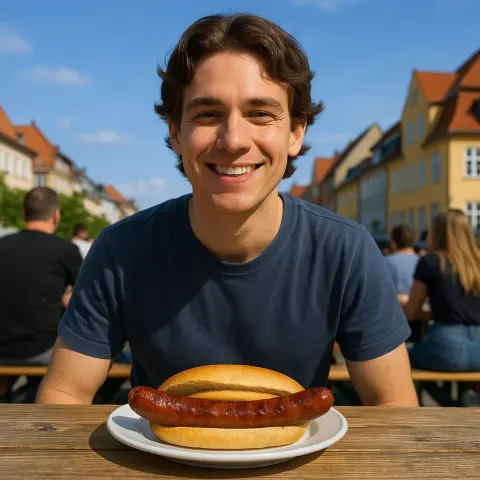 Person Sits Outdoors at a Wooden Table with a Plate