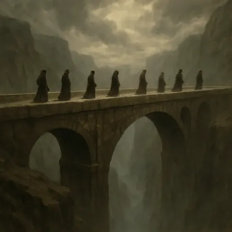 Sparse Procession of Robed Figures Slowly Traverses a Monumental