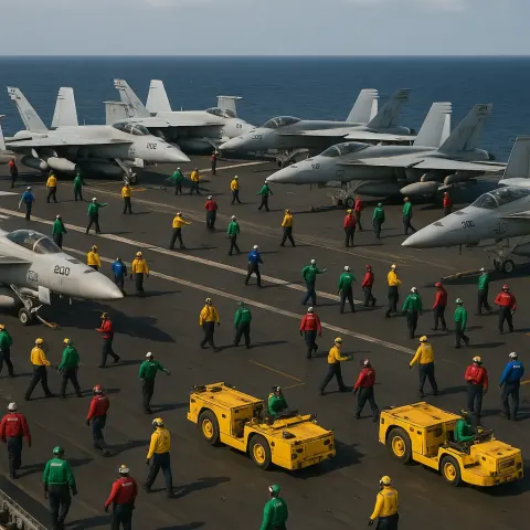 Busy Aircraft Carrier Deck Featuring Navy Planes