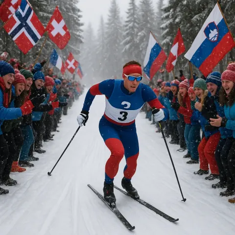 Cross-country Skier Competes in a Snowy Race Terrain