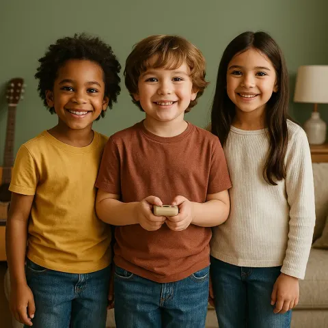 Three Children Standing Together in a Living Room