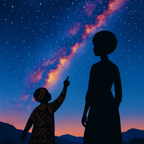 Diminutive Figure in Earth-toned African Patterns Gestures Skyward