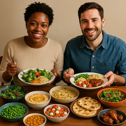 Two People Sit While Each Holds a Plate