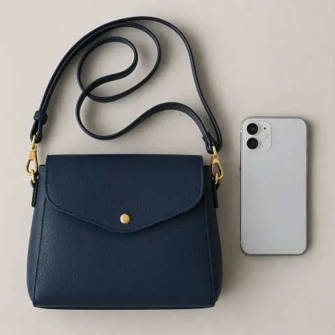 Silver Smartphone Alongside a Navy-colored Purse