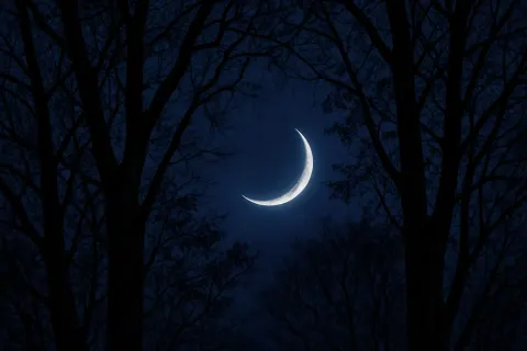 Tranquil Night Unfolds with a Slender Crescent Moon Resting