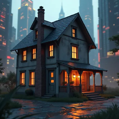 Weathered Old House Dwarfed by Neon Skyscrapers