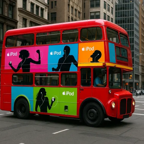 Vibrant Double-decker Bus with Colorful IPod-themed Advertisements