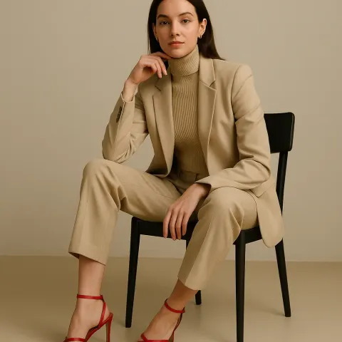 Woman Dressed in a Beige Suit and Turtleneck Is Seated
