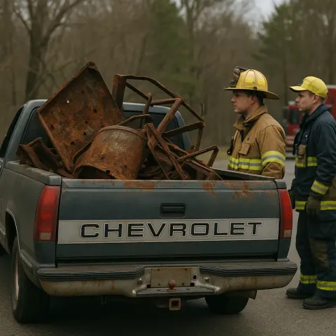 Chevrolet Pickup Truck Loaded with Large Rusty Debris Parked Outdoors