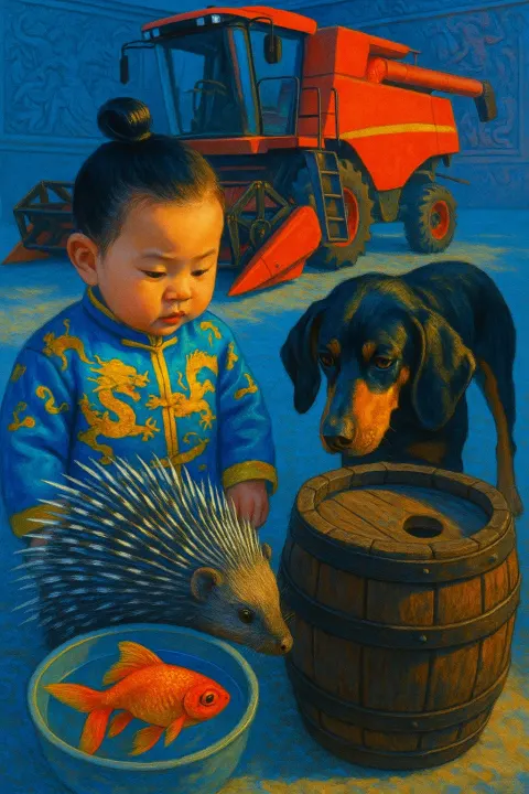 Small Toddler in Traditional Dragon-patterned Silk with a Neat Topknot