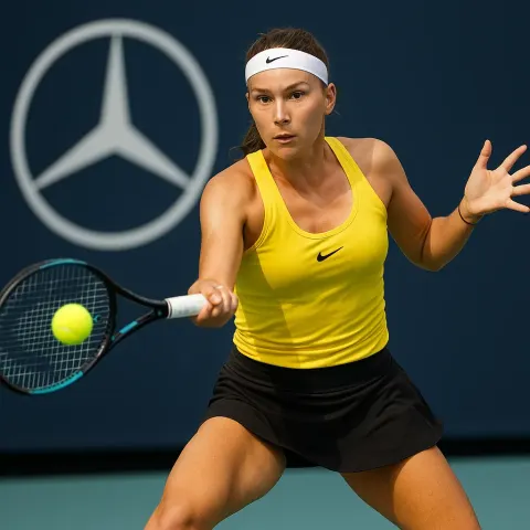 Tennis Player in a Yellow Tank Top Prepares to Hit