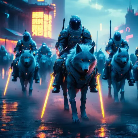 Neon Soldiers Riding Cyber Wolves Into Battle