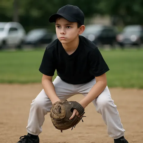 Young Baseball Player Wearing a Black Jersey and Cap Stands