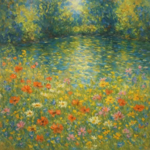 Impressionistic Depiction of a Glistening Pond Encircled by Vibrant Wildflowers