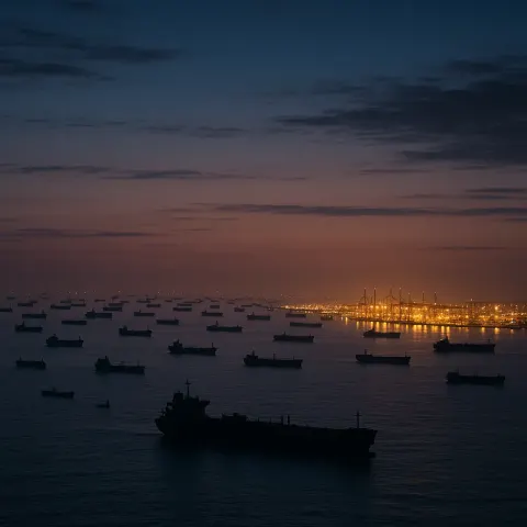 Dozens of Distant Cargo Ships