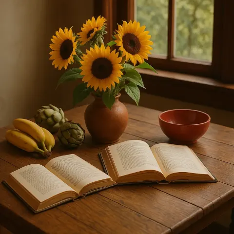 Wooden Table with Open Books