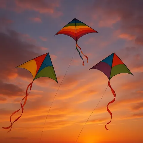 Three Vibrant Kites Soaring Through the Sky During a Sunset