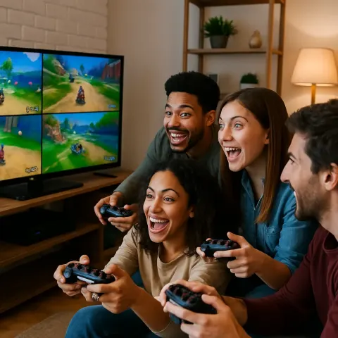 Bunch of Friends Are Seated Around a Television