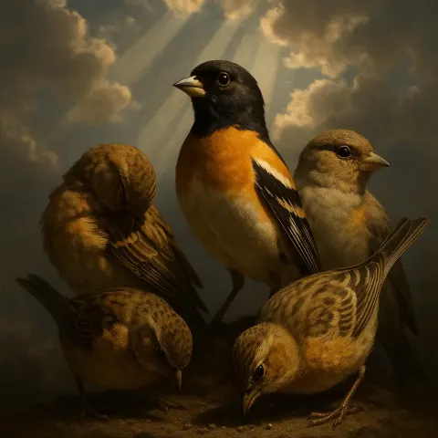 Crepuscular Rays Pierce Scattered Clouds to Illuminate Four Brambling Figures