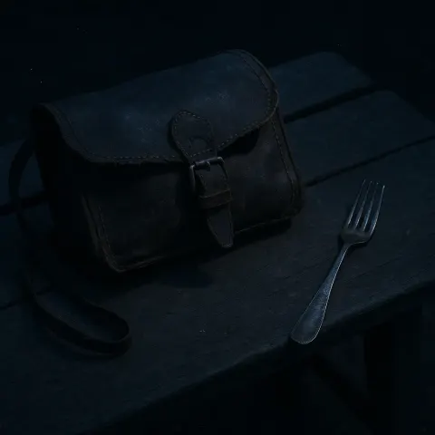 Worn Leather Satchel Lies Beside a Tarnished Silver Fork