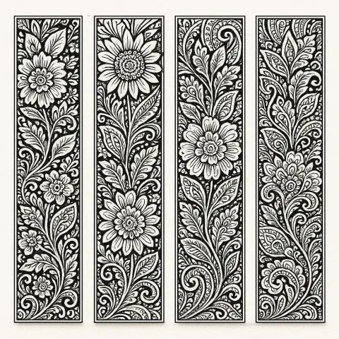 Four Uniquely Designed Bookmarks Featuring Detailed Black-and-white Doodles of Ornate