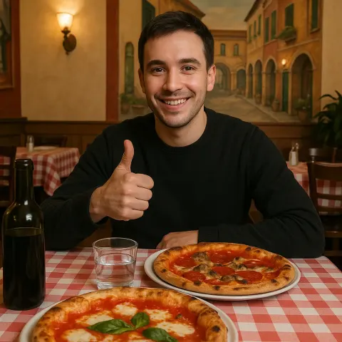 Person Sitting in an Italian-style Restaurant Giving a Thumbs-up Gesture