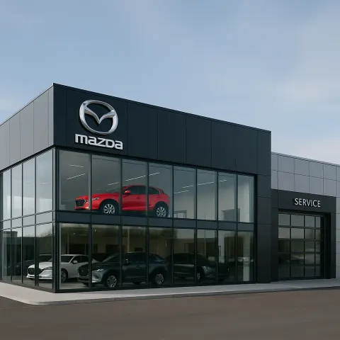 Modern Mazda Dealership Building with Large Glass Windows Displaying Cars