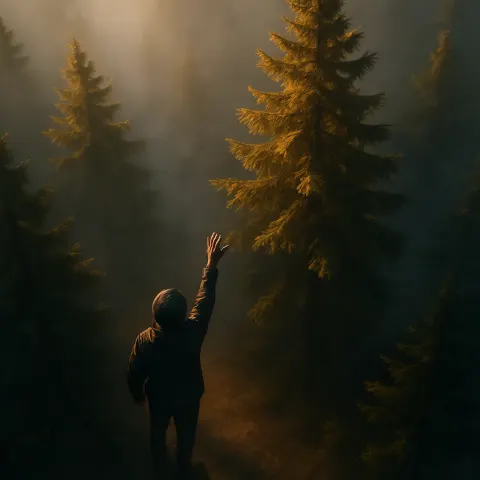 Solitary Figure Reaches into the Mist-enshrouded Dawn Pines
